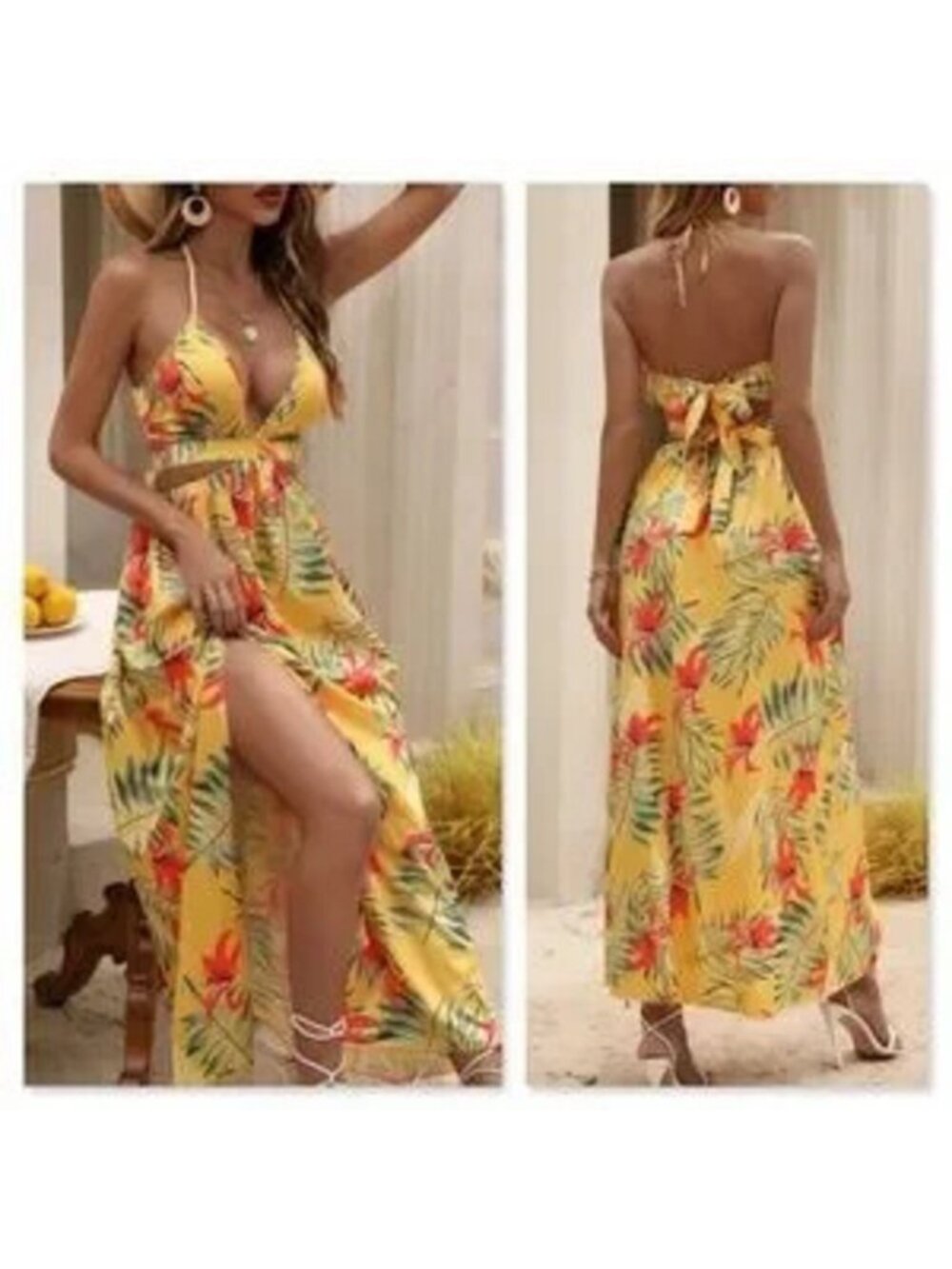 Yellow Boho Tropical Print Backless Maxi Dress V-Neck Floral Flared